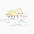 Oblique Kerala Houseboat on Lake in Outline Style Vector Illustration