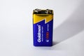 07/06/2020- Kerala,India: Close-up of a 9V dry cell battery of Goldmen brand on white background. Selective focus applied