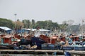 kerala, India- March 25, 2023 fishing boats halted in fort kochi boat yard during trawling ban in kerala