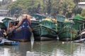 kerala, India- March 25, 2023 fishing boats halted in fort kochi boat yard during trawling ban in kerala