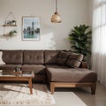 Kerala Indian Stylish interior design of living room with modern mint sofa, wooden console, cube, coffee table, lamp, plant, mock Royalty Free Stock Photo