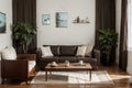 Kerala Indian Stylish interior design of living room with modern mint sofa, wooden console, cube, coffee table, lamp, plant, mock Royalty Free Stock Photo