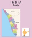 Kerala map. vector illustration of colourful district map of Kerala with borders
