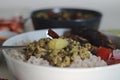 Kerala meals with red rice, sardines curry, sardine fry and coconut based green gram curry Royalty Free Stock Photo