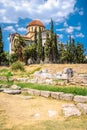 Kerameikos Ancient Cemetery of Athens Archaeology Site with the Church of Agia Triada. Royalty Free Stock Photo