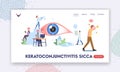 Keratoconjunctivitis Sicca Landing Page Template. Tiny Characters around of Huge Eye. People Suffer of DES, Visit Clinic