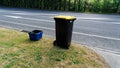 Kerbside recycling bins in Motueka, one for glass the wheelie bin for paper, plastic and metals