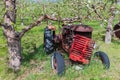 A rusty antique Massey Harris tractor in a grove of trees