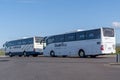 Kerid, Iceland - July 10, 2023: Tour buses parked at Kerid Crater parking lot along the Golden Circle
