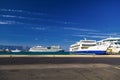Kerkira, Corfu, Greece: 24 of September, 2018 - ferry boat Agia Eirini or Saint Irene and the German cruise ship Aidablu in the se