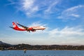 Kerkira, Corfu/ Greece - September 24 2018 : the plane Boeing 737-800 AirBerlin lands in the morning to the runway of the airport