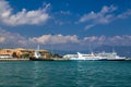 Kerkira, Corfu/Greece - September 24 2018 : various ships, yachts and ferryboat moored to the pier on background of sea port