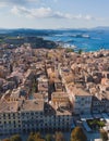 Kerkyra city, Corfu island, Greece, beautiful summer aerial drone view of Kerkyra old town center, with Ionean sea harbour port, Royalty Free Stock Photo