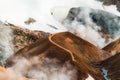 Kerlingarfjoll mountain range with a man walking on trail and smoke during summer at Iceland