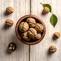 Kernel\'s Finesse A Detailed Study of Walnuts in a Wooden Bowl, Featuring Textural Elements and Warm Hues Royalty Free Stock Photo