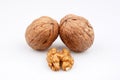 Two walnuts and walnuts with organic shell on a white background Royalty Free Stock Photo