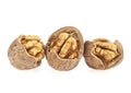 Kernel and whole walnuts isolated on white background. Set of delicious walnuts Royalty Free Stock Photo