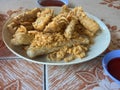 Keropok lekor, Malaysian fish cake with chilli sauce.