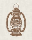 Kerosene lamp or candle or flashlight. Camping logo and label. Mountains and pine trees. Trip in the forest, outdoor and