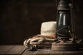 Kerosene lamp on the table in the barn Royalty Free Stock Photo