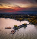 Keszthely, Hungary - Aerial panoramic view of the beautiful Pier of Keszthely by the Lake Balaton with a colorful autumn sunset