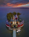 Keszthely, Hungary - Aerial panoramic view of the beautiful Pier of Keszthely by the Lake Balaton with a colorful autumn sunset