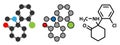 Ketamine anesthetic drug molecule. Used both medically and recreationally. Stylized 2D rendering and conventional skeletal formula