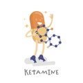 Ketamine, ketalar pill. Funny cartoon character with chemical formula.
