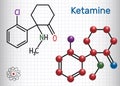 Ketamine molecule. It is used for anesthesia in medicine. Structural chemical formula and molecule model. Sheet of paper in a cage