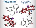 Ketamine molecule. It is used for anesthesia in medicine. Structural chemical formula and molecule model