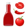 Ketchup bottle, chilli, whole and slice tomatoes. Vector flat illustration