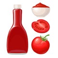 Ketchup bottle, tomato sauce in a plate, tomato. Vector flat