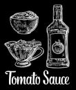 Ketchup bottle, tomato sauce in a plate. Vector vintage engraved illustration