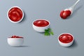 Ketchup bowl. Realistic tomato sauce top and sides view. Dressing for pasta. Organic red barbecue food. Cooking Royalty Free Stock Photo