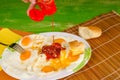 Ketchup on eggs , fast food Royalty Free Stock Photo