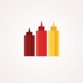 Ketchup, hot sauce and mustard squeeze bottles. Vector icons set. Flat style design.
