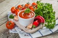 Ketchup and ingredients on wood background Royalty Free Stock Photo