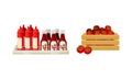 Ketchup manufacturing industry set. Crate of ripe tomatoes and bottles of ketchup vector illustration