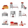 Ketchup Manufacturing Process with Tomato Harvesting, Washing and Squeezing Vector Illustration Set