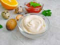 Ketchup, mayonnaise,  fresh condiment   sauce   cooking quail eggs on a concrete background Royalty Free Stock Photo