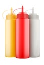 Ketchup, mayonnaise and mustard squeeze bottles, 3D rendering Royalty Free Stock Photo