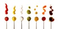 Ketchup, mustard, mayonnaise, basil pesto, sweet chili sauce and teriyaki soy sauce in spoon isolated on white background