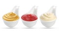 Ketchup, mustard, and mayonnaise sauces in bowl isolated on white background