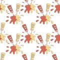 Ketchup and mustard seamless pattern on white background. Tasty sauces vector cartoon backdrop