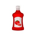 Ketchup in red plastic bottle. Natural product. Tasty liquid condiment for dishes. Flat vector for advertising poster or