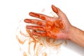 Ketchup spill stain mucky hand white background