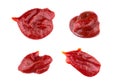 Ketchup splashes, group of objects. Arrangement of red ketchup o