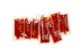 Ketchup in Square Plastic Bag Isolated, One-Time Portion of Tomato Sauce, Transparent Catsup Sachet