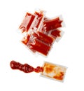 Ketchup in Square Plastic Bag Isolated, One-Time Portion of Tomato Sauce, Transparent Catsup Sachet