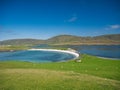 From Ketla Ness, the white sand beach of Banna Minn in Shetland, Scotland, UK